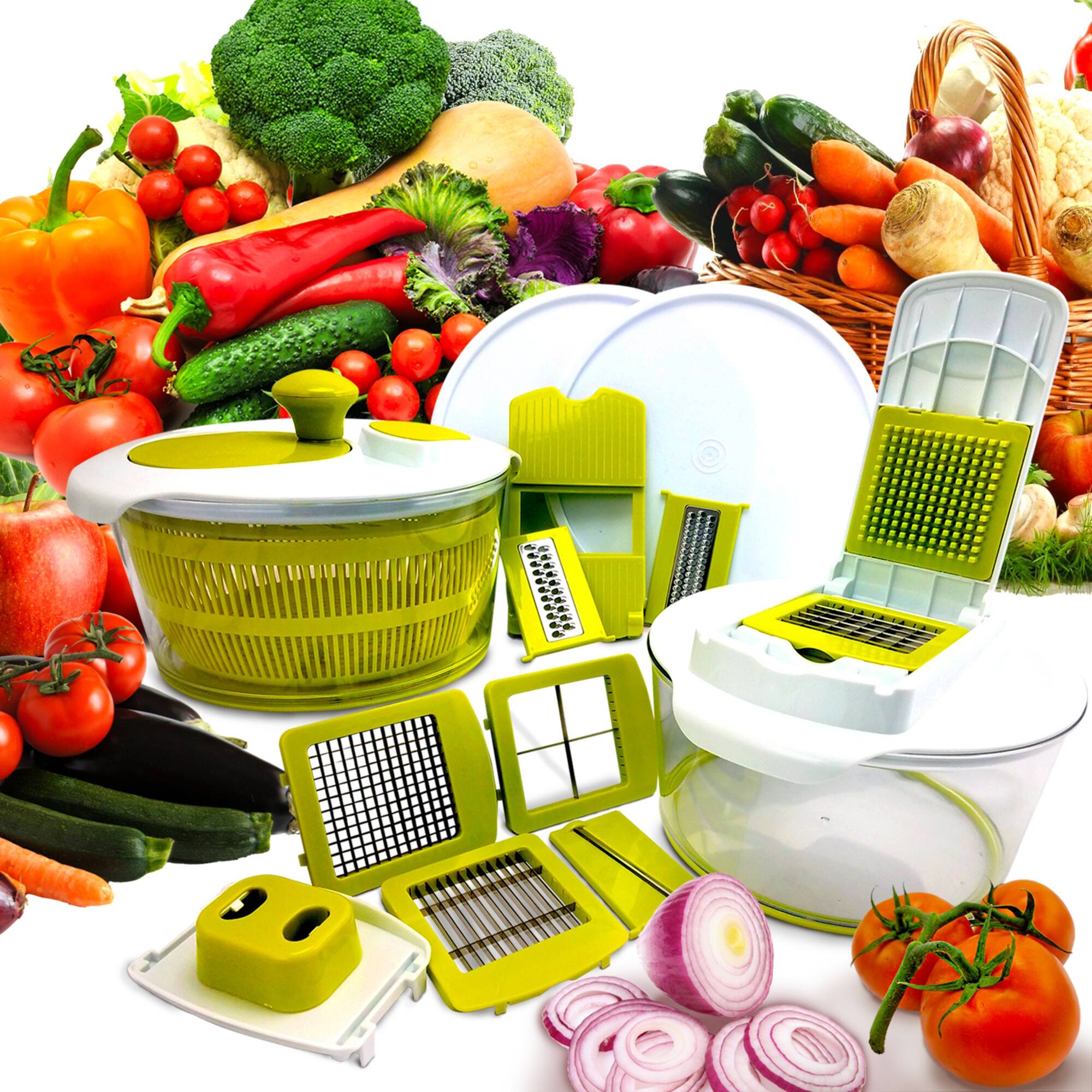 MegaChef 10-in-1 Multi-Use Salad Spinning Slicer, Dicer & Chopper with Interchangeable Blades & Storage Lids
